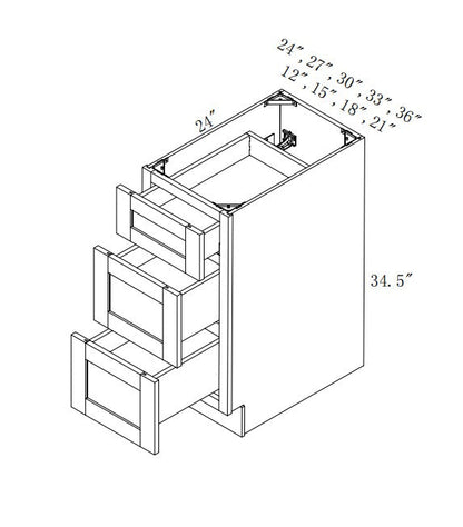 DB21-3: Oak Shaker 21"  3 Drawers   Standard Base Cabinet