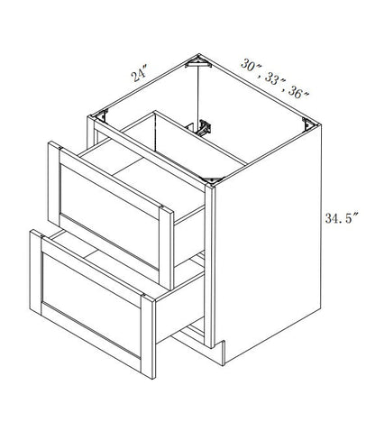 DB30-2: Oak Shaker 30"  2 Drawers   Standard Base Cabinet