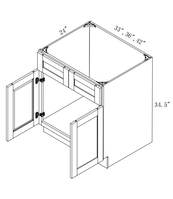 SB33: Oak Shaker 33"  2 Headers 2 Doors  Sink Base Cabinet