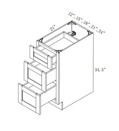 VDB18-3: Oak Shaker 18"  3 Drawers   Vanity Drawer Base Cabinet