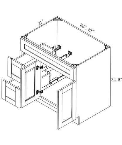 VSD36L: Oak Shaker Vanity Sink Drawer Left 36"W*21"D*34-1/2"H-2D-2DRA 1 Header