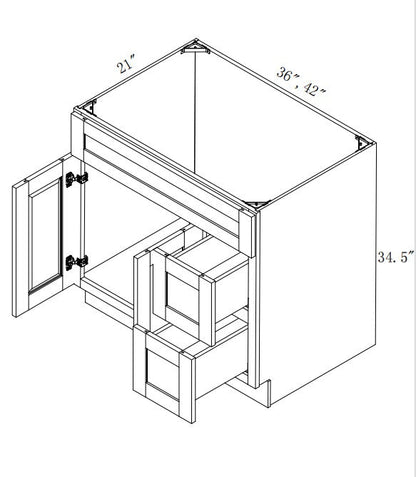 VSD36R: Oak Shaker Vanity Sink Drawer Right 36"W*21"D*34-1/2"H-2D-2DRA 1 Header