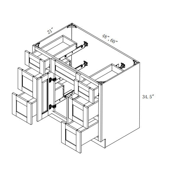VSDB48:  Oak Shaker Vanity Side Drawer Base Cabinet Single Basin 48